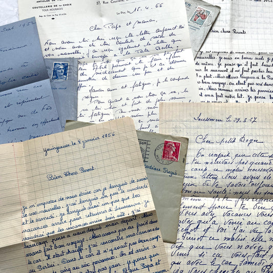 1950s French handwritten letters and envelopes lot, featuring vintage stamps and cursive script