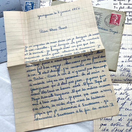1950s French handwritten letters and envelopes lot, featuring vintage stamps and cursive script