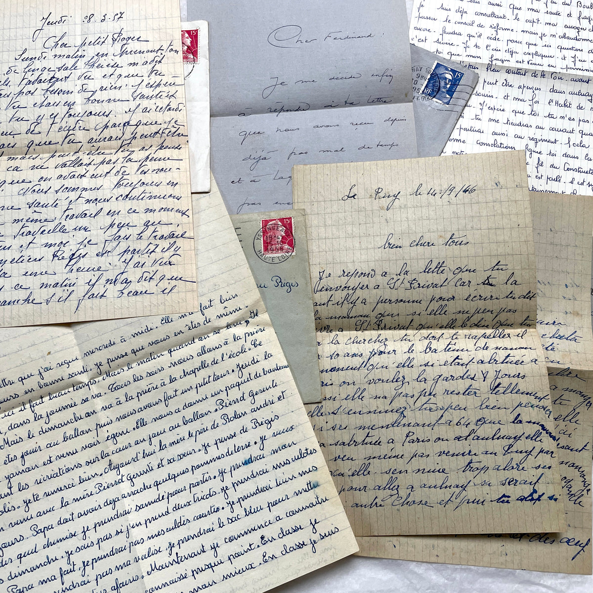 Five French letters from the 1940s and 1950s with handwritten text, original envelopes, and vintage postage stamps.