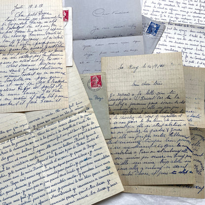 Five French letters from the 1940s and 1950s with handwritten text, original envelopes, and vintage postage stamps.