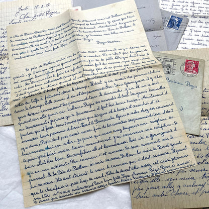 Five French letters from the 1940s and 1950s with handwritten text, original envelopes, and vintage postage stamps.
