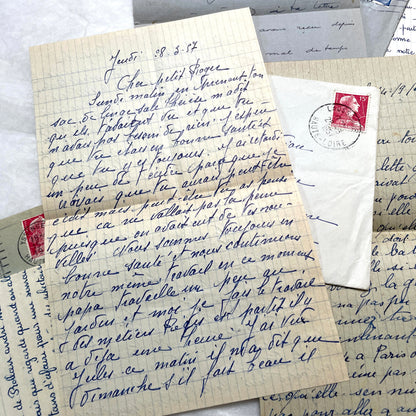Five French letters from the 1940s and 1950s with handwritten text, original envelopes, and vintage postage stamps.