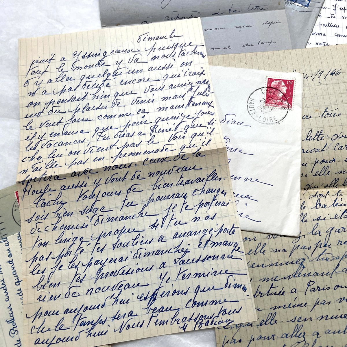 Five French letters from the 1940s and 1950s with handwritten text, original envelopes, and vintage postage stamps.