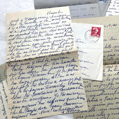 Five French letters from the 1940s and 1950s with handwritten text, original envelopes, and vintage postage stamps.