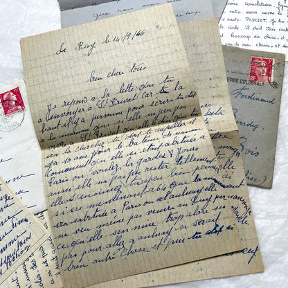 Five French letters from the 1940s and 1950s with handwritten text, original envelopes, and vintage postage stamps.