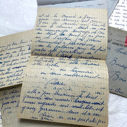 Five French letters from the 1940s and 1950s with handwritten text, original envelopes, and vintage postage stamps.