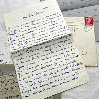Five French letters from the 1940s and 1950s with handwritten text, original envelopes, and vintage postage stamps.