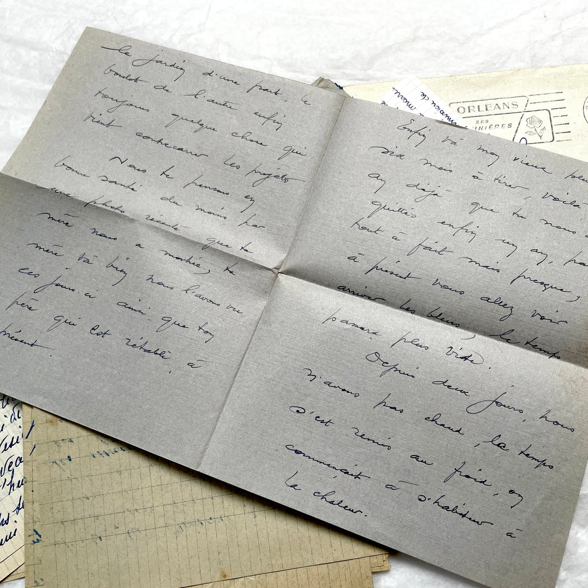 Five French letters from the 1940s and 1950s with handwritten text, original envelopes, and vintage postage stamps.