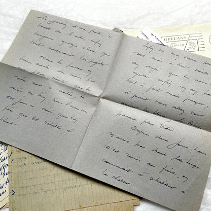 Five French letters from the 1940s and 1950s with handwritten text, original envelopes, and vintage postage stamps.