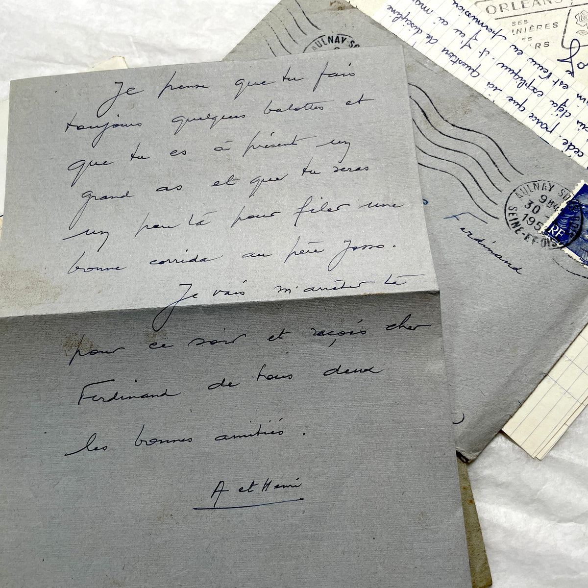 Five French letters from the 1940s and 1950s with handwritten text, original envelopes, and vintage postage stamps.