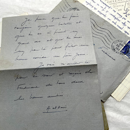 Five French letters from the 1940s and 1950s with handwritten text, original envelopes, and vintage postage stamps.