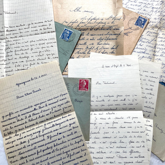 1950s French handwritten letters and envelopes lot, showing various scripts and postmarks.