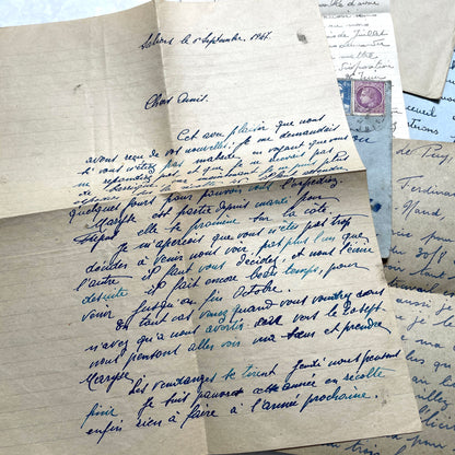Five handwritten French letters from the 1940s with original envelopes and postage stamps, featuring vintage paper.
