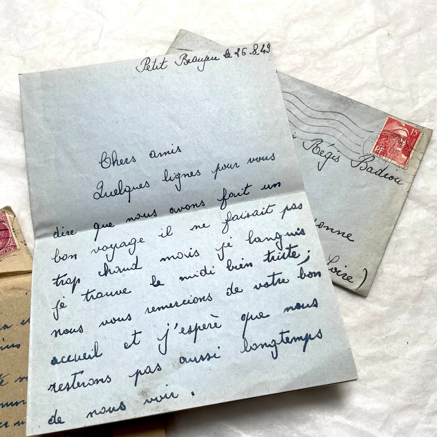 Five handwritten French letters from the 1940s with original envelopes and postage stamps, featuring vintage paper.