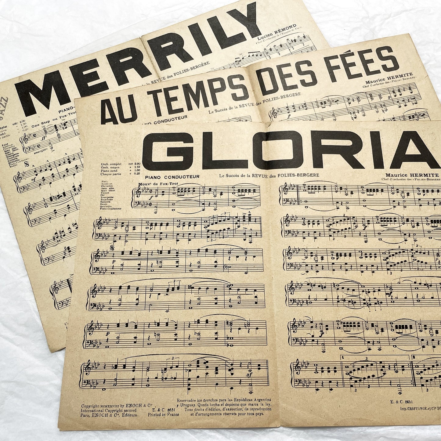 1920s - Set of 1930s French Sheet Music – Folies Bergère Revue Songs – “Gloria”, “Au Temps des Fées”, “Merrily” – Maurice Hermite & Lucien Rémon