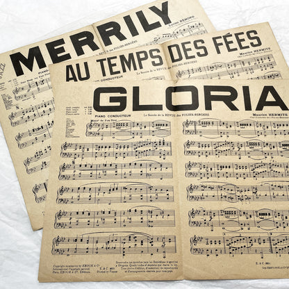 1920s - Set of 1930s French Sheet Music – Folies Bergère Revue Songs – “Gloria”, “Au Temps des Fées”, “Merrily” – Maurice Hermite & Lucien Rémon
