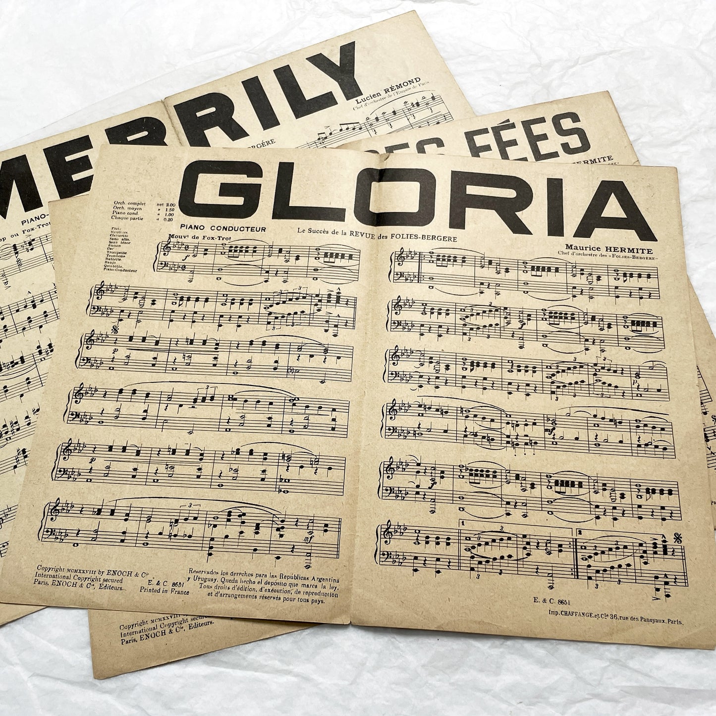 1920s - Set of 1930s French Sheet Music – Folies Bergère Revue Songs – “Gloria”, “Au Temps des Fées”, “Merrily” – Maurice Hermite & Lucien Rémon
