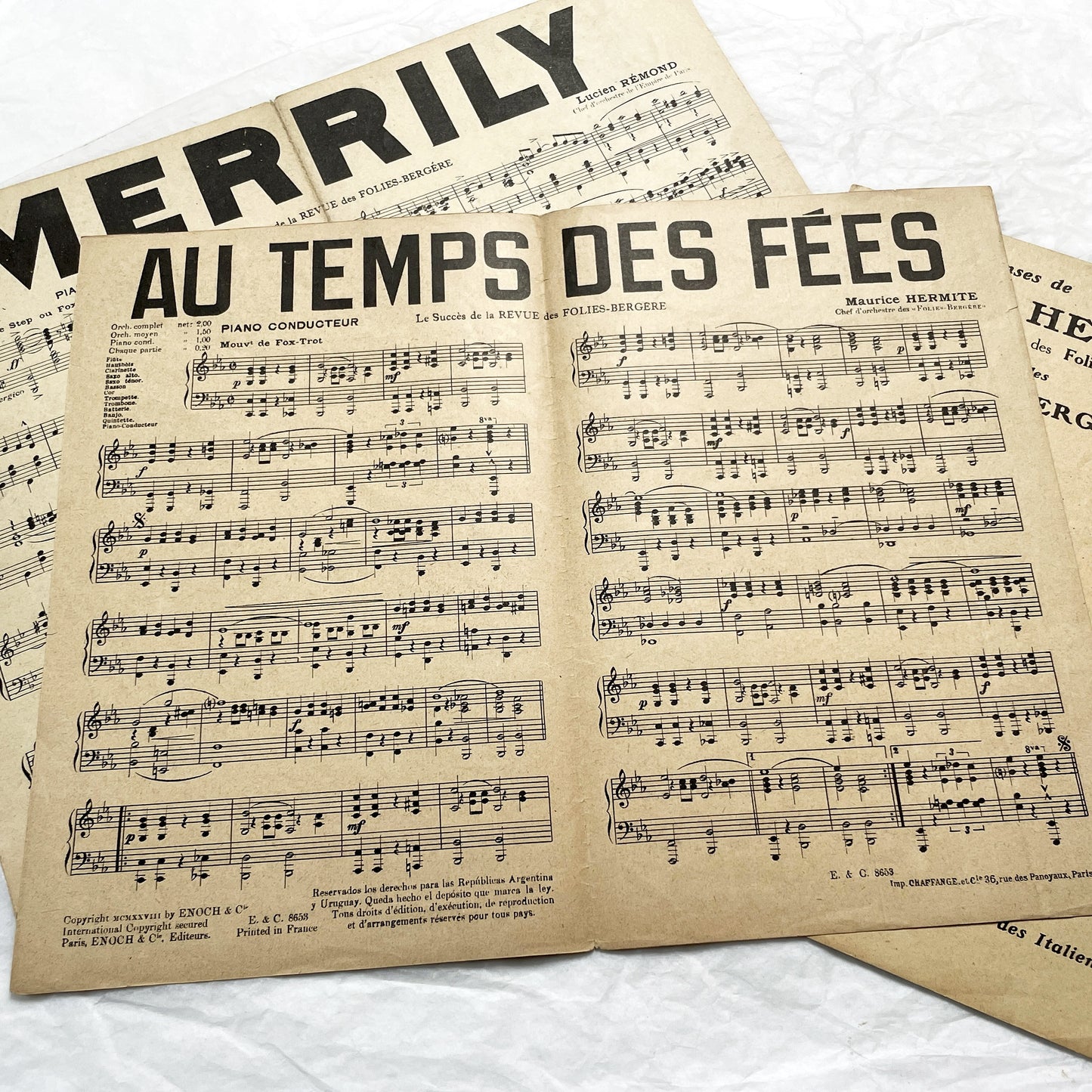 1920s - Set of 1930s French Sheet Music – Folies Bergère Revue Songs – “Gloria”, “Au Temps des Fées”, “Merrily” – Maurice Hermite & Lucien Rémon