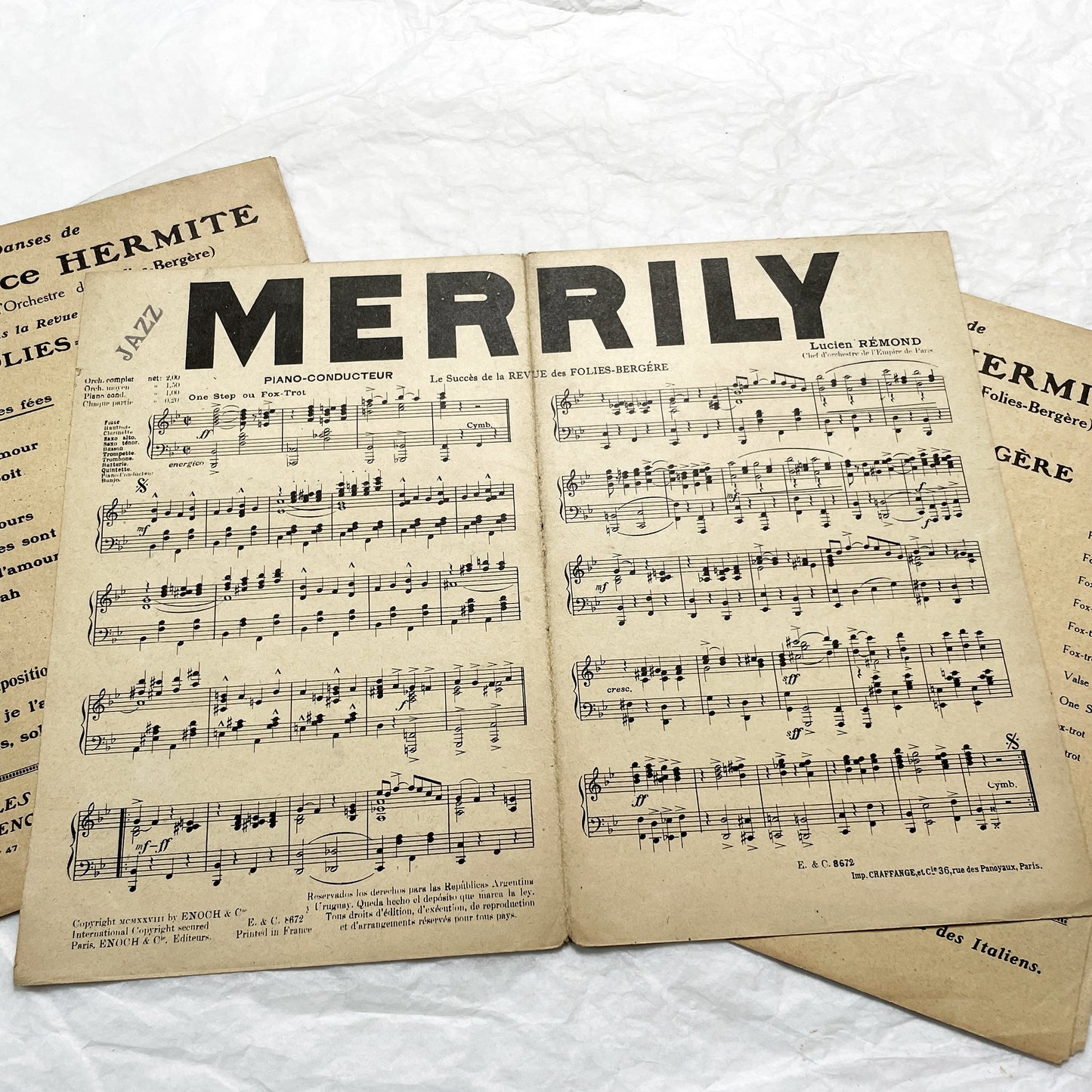 1920s - Set of 1930s French Sheet Music – Folies Bergère Revue Songs – “Gloria”, “Au Temps des Fées”, “Merrily” – Maurice Hermite & Lucien Rémon