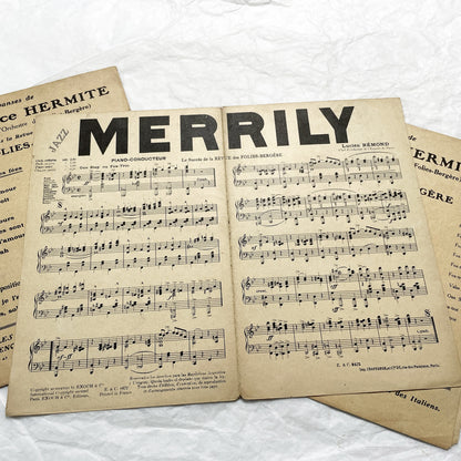 1920s - Set of 1930s French Sheet Music – Folies Bergère Revue Songs – “Gloria”, “Au Temps des Fées”, “Merrily” – Maurice Hermite & Lucien Rémon