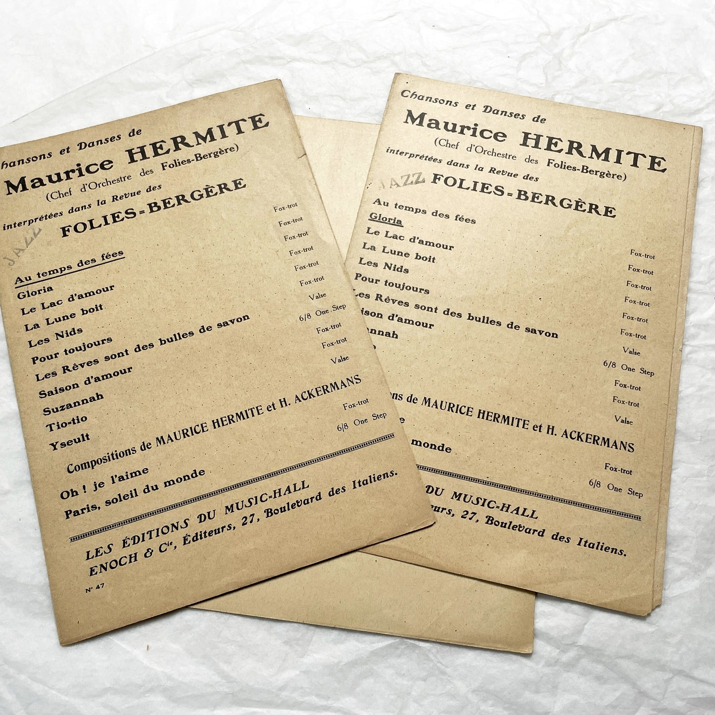 1920s - Set of 1930s French Sheet Music – Folies Bergère Revue Songs – “Gloria”, “Au Temps des Fées”, “Merrily” – Maurice Hermite & Lucien Rémon