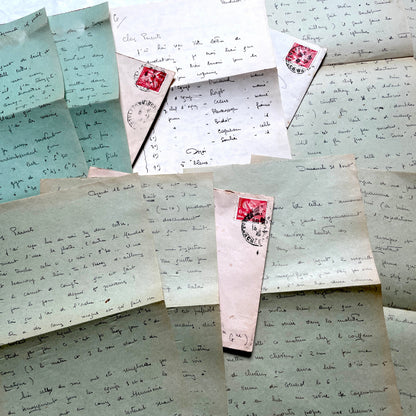 1930s French handwritten letters set with envelopes, showing cursive script, postage stamps, and postmarks.