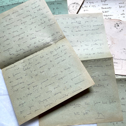 1930s French handwritten letters set with envelopes, showing cursive script, postage stamps, and postmarks.