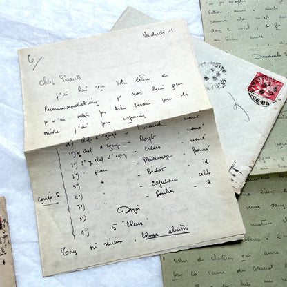 1930s French handwritten letters set with envelopes, showing cursive script, postage stamps, and postmarks.