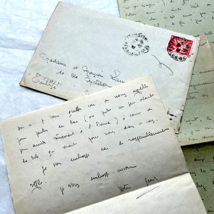 1930s French handwritten letters set with envelopes, showing cursive script, postage stamps, and postmarks.