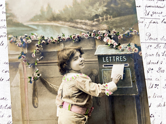 1910s - Vintage French Postcard - Hand-Colored Child Mailing Letter - Antique Mailbox - French Ephemera Document