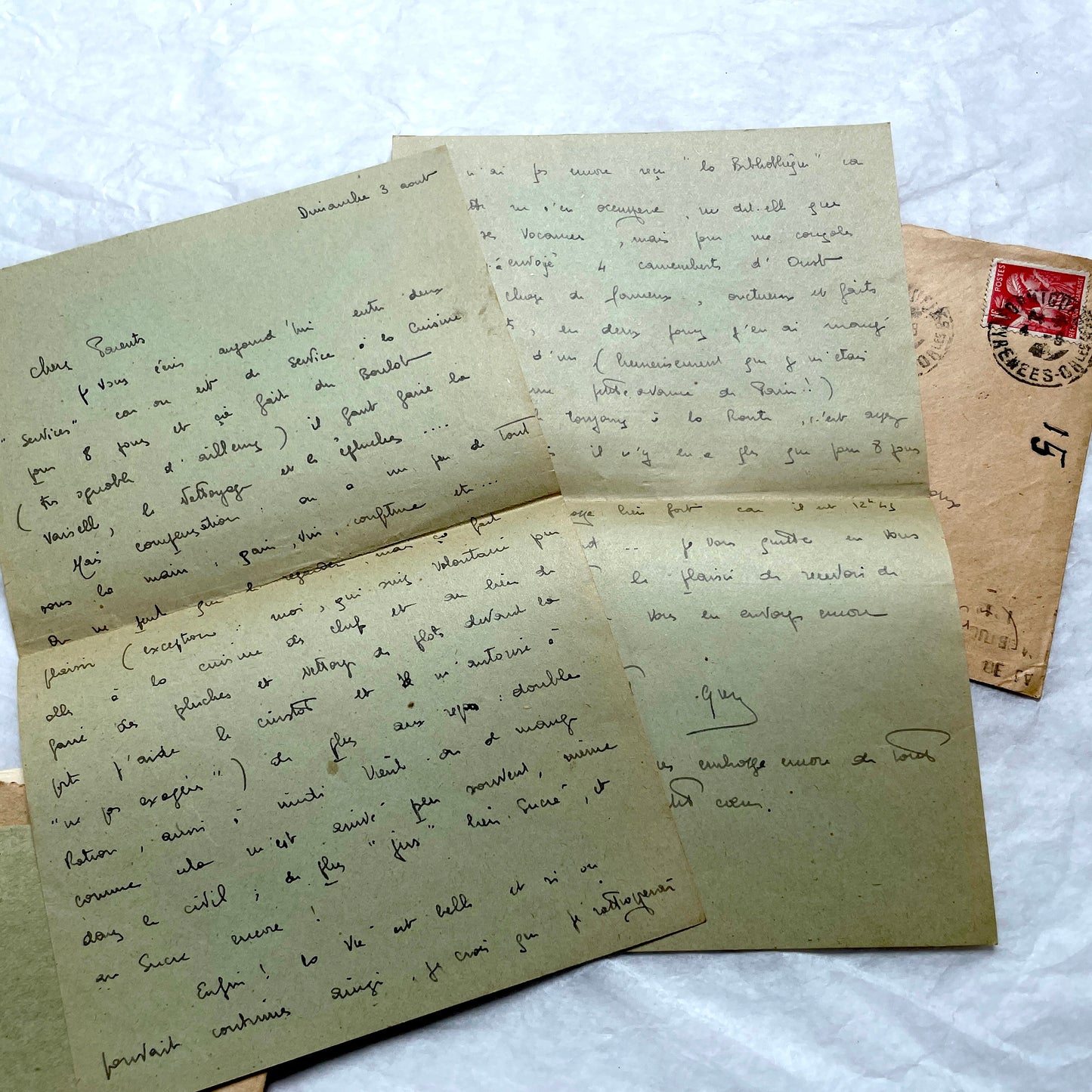 1930s French handwritten letters set with envelopes, showing cursive script, postage stamps, and postmarks.