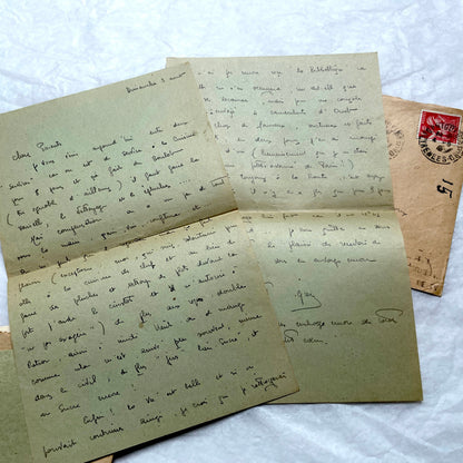 1930s French handwritten letters set with envelopes, showing cursive script, postage stamps, and postmarks.