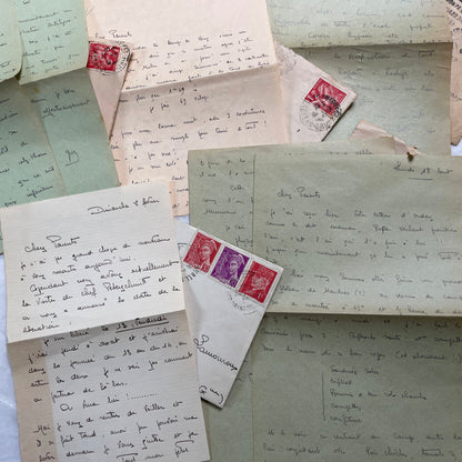 Five French handwritten letters and envelopes from the 1940s, featuring period postage stamps and script.