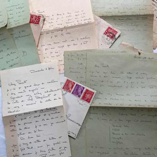 Five French handwritten letters and envelopes from the 1940s, featuring period postage stamps and script.