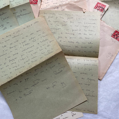 Five French handwritten letters and envelopes from the 1940s, featuring period postage stamps and script.