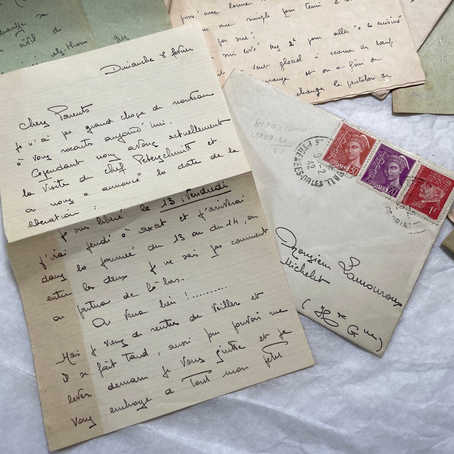 Five French handwritten letters and envelopes from the 1940s, featuring period postage stamps and script.