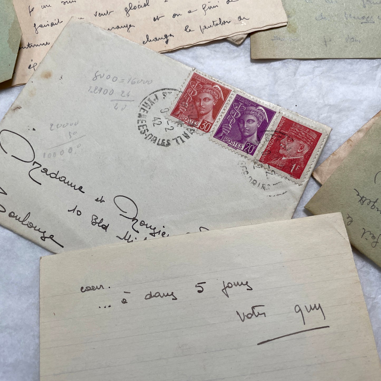 Five French handwritten letters and envelopes from the 1940s, featuring period postage stamps and script.