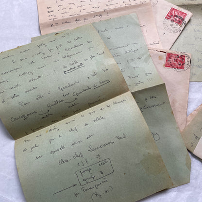 Five French handwritten letters and envelopes from the 1940s, featuring period postage stamps and script.