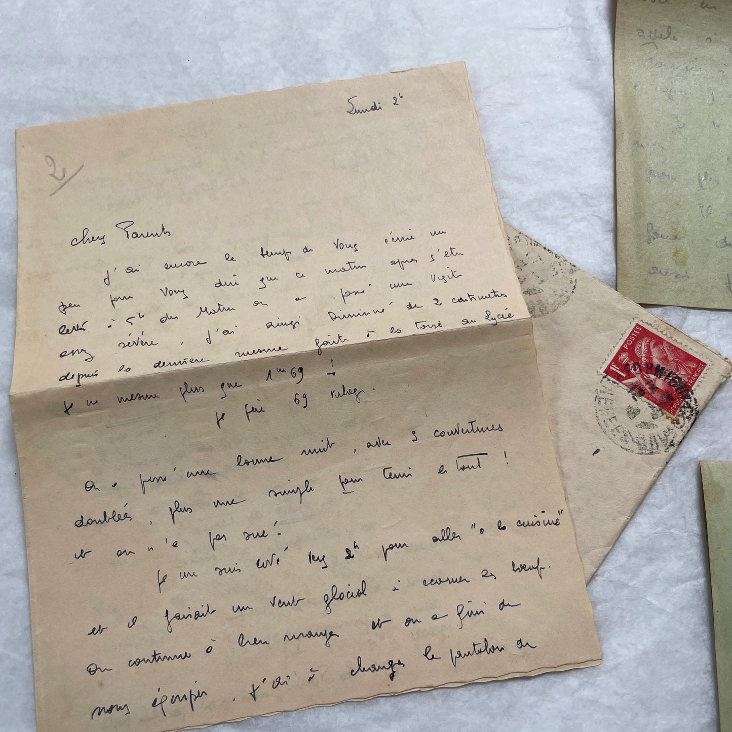 Five French handwritten letters and envelopes from the 1940s, featuring period postage stamps and script.
