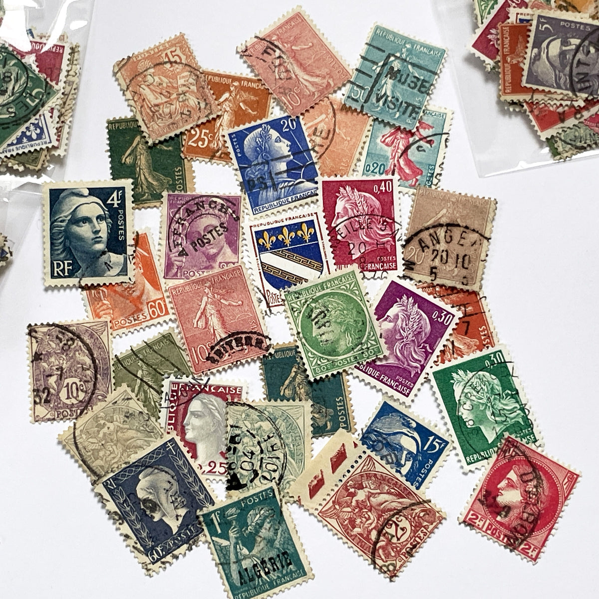 Lot of 30 Vintage French Postage Stamps – 1900s–1960s – Marianne, Sower, Coat of Arms, and Classical Designs
