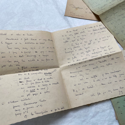 Five French handwritten letters and envelopes from the 1940s, featuring period postage stamps and script.