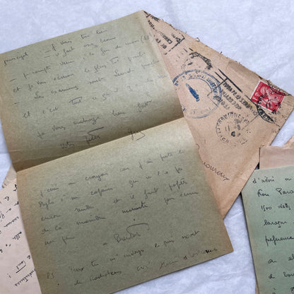 Five French handwritten letters and envelopes from the 1940s, featuring period postage stamps and script.