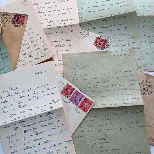 1940s vintage French letters and envelopes set with handwritten text, period stamps, and historic postmarks.