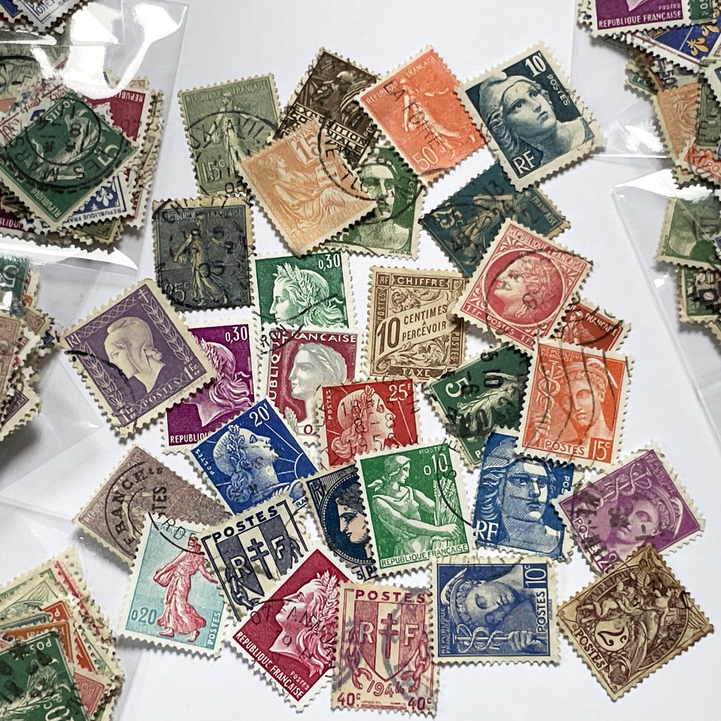 Lot of 30 Vintage French Postage Stamps – 1900s–1960s – Marianne, Sower, Coat of Arms, and Classical Designs