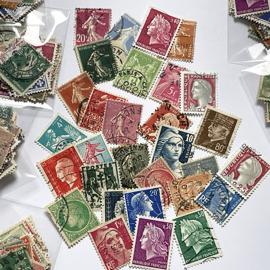 Lot of 30 Vintage French Postage Stamps – 1900s–1960s – Marianne, Sower, Coat of Arms, and Classical Designs