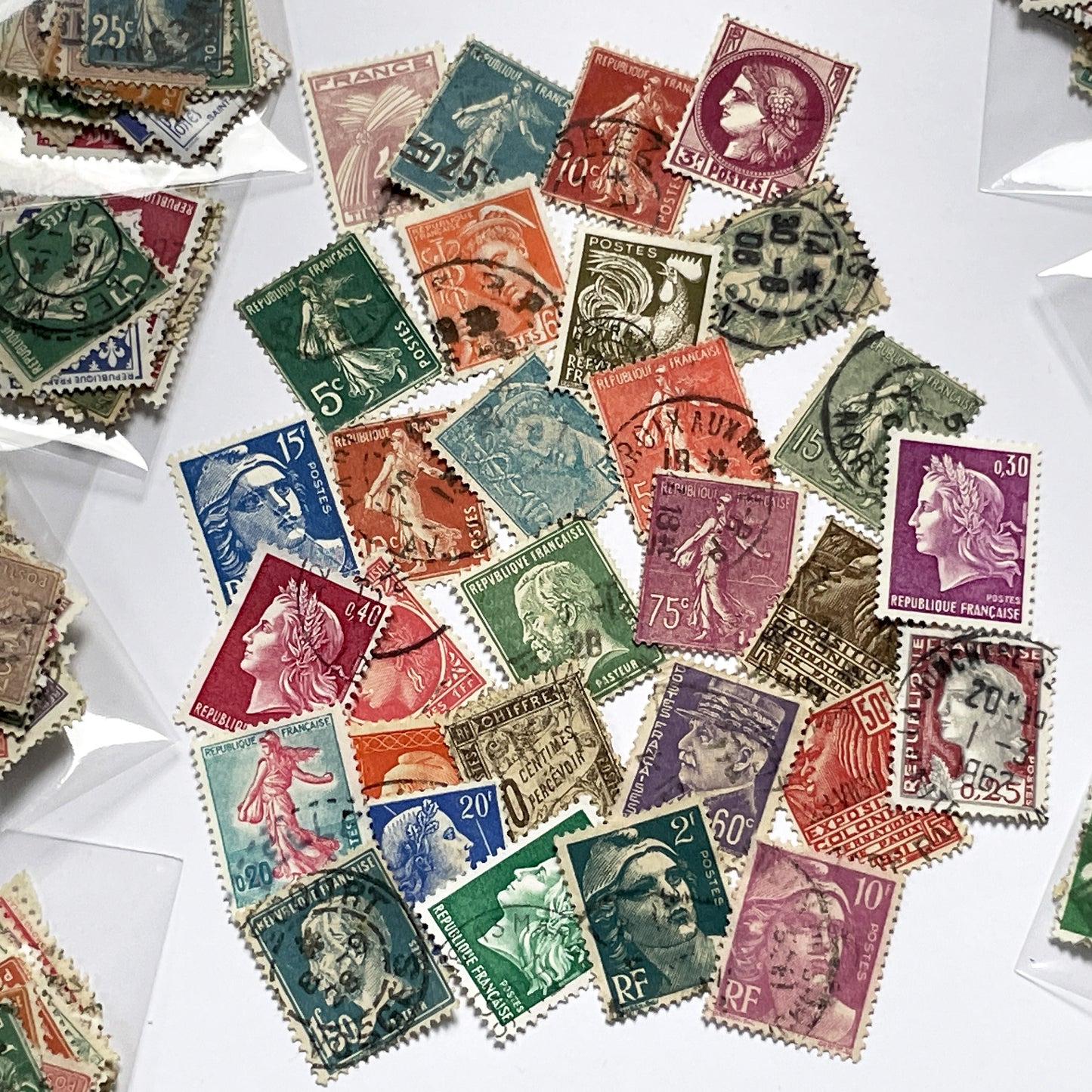 Lot of 30 Vintage French Postage Stamps – 1900s–1960s – Marianne, Sower, Coat of Arms, and Classical Designs