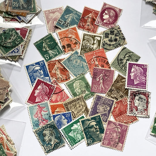 Lot of 30 Vintage French Postage Stamps – 1900s–1960s – Marianne, Sower, Coat of Arms, and Classical Designs
