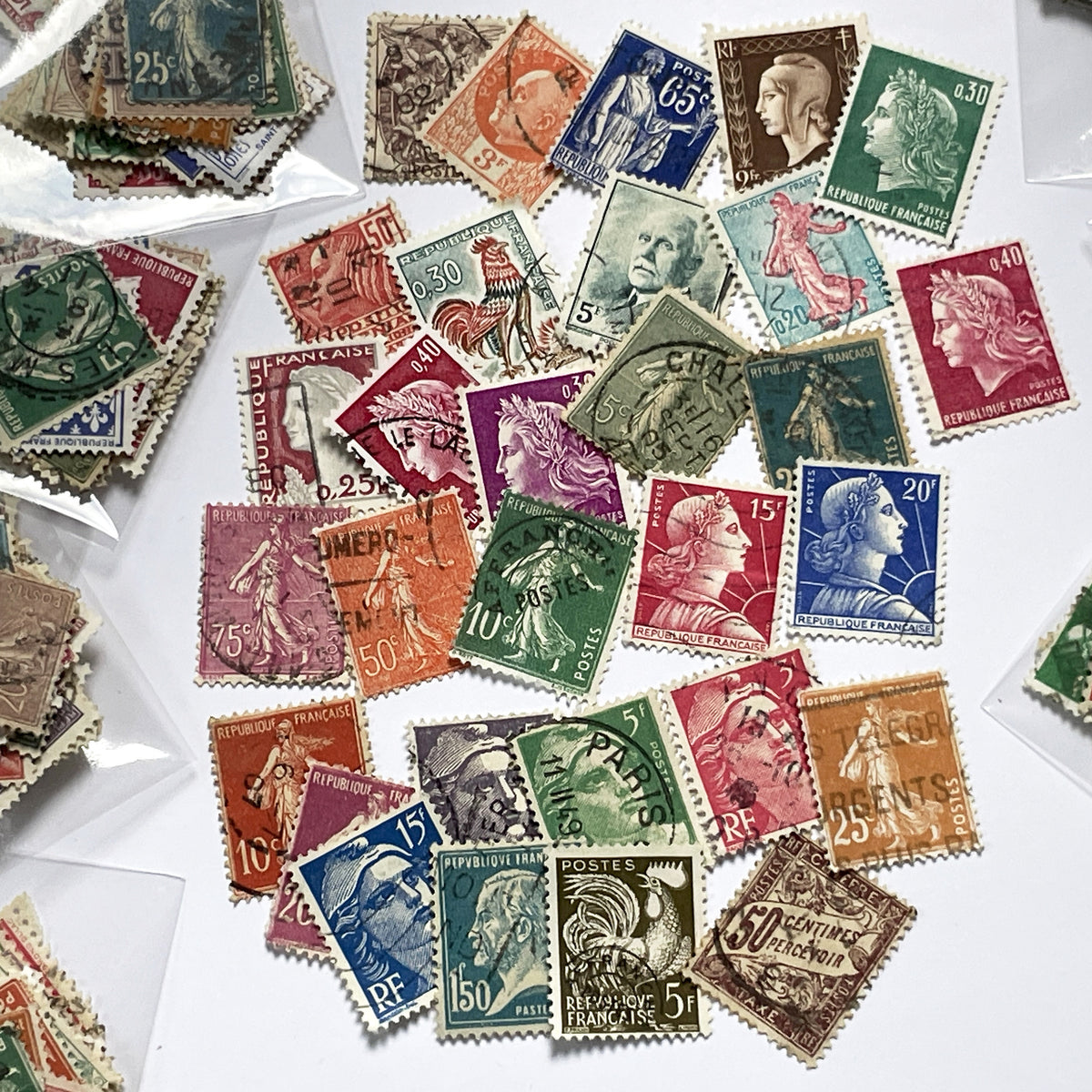 Lot of 30 Vintage French Postage Stamps – 1900s–1960s – Marianne, Sower, Coat of Arms, and Classical Designs