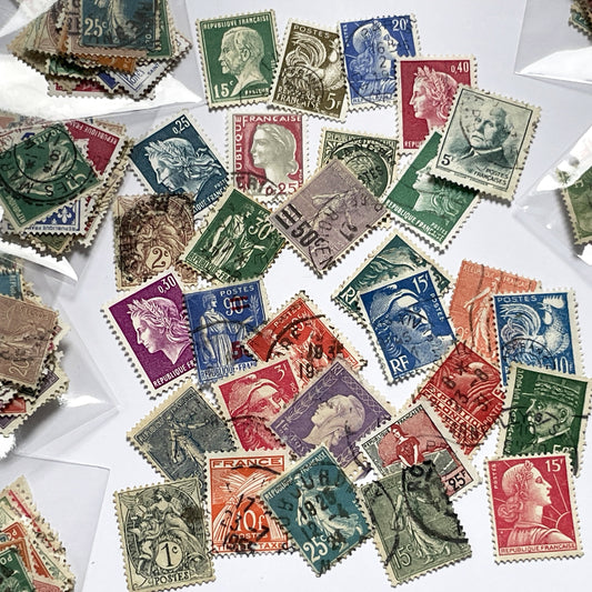 Lot of 30 Vintage French Postage Stamps – 1900s–1960s – Marianne, Sower, Coat of Arms, and Classical Designs