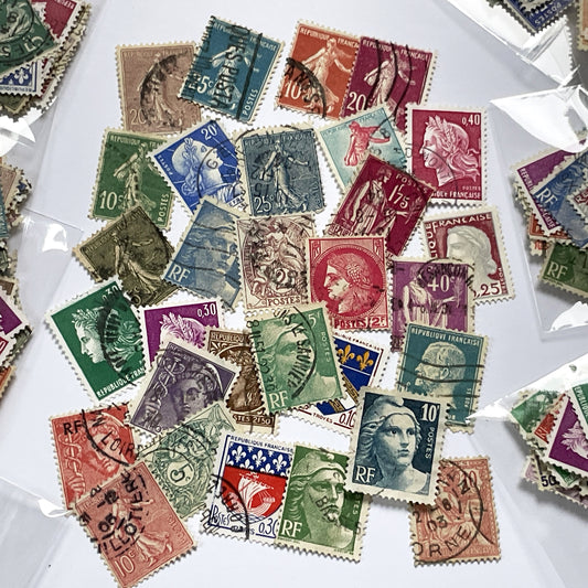Lot of 30 Vintage French Postage Stamps – 1900s–1960s – Marianne, Sower, Coat of Arms, and Classical Designs